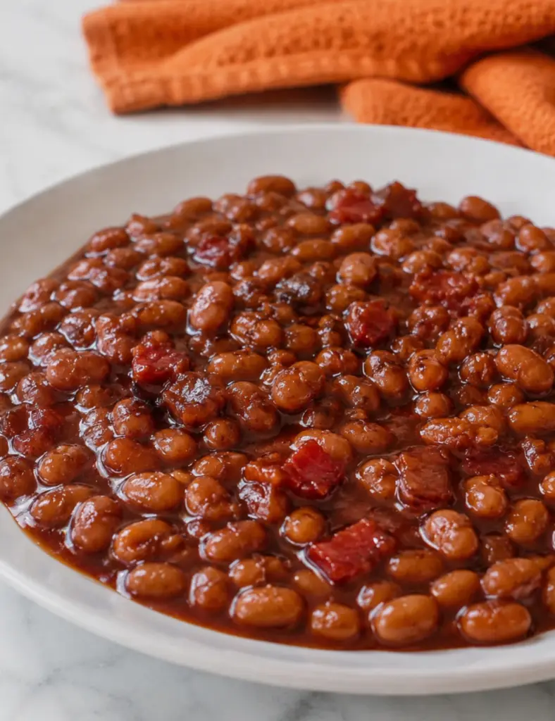 Close-up of baked beans with bacon in a glossy sweet and smoky sauce served on a white plate with an orange kitchen towel nearby.