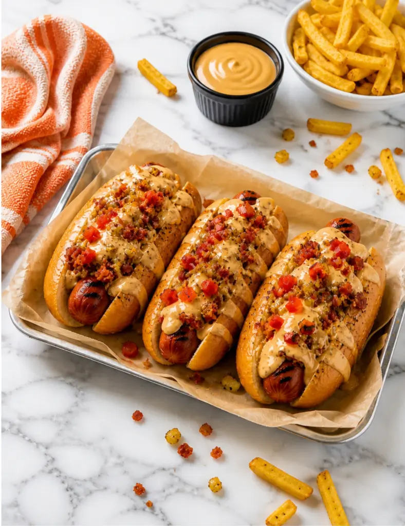Loaded hot dogs with creamy sauce, diced peppers, crispy toppings, fries, and dipping sauce on a marble countertop