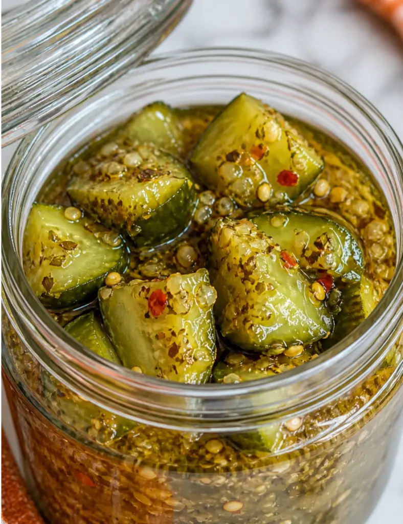 Close up of Garlic Dill Pickles in a glass jar with chunky cucumber pieces, garlic dill brine, mustard seeds, red pepper flakes, and spices.