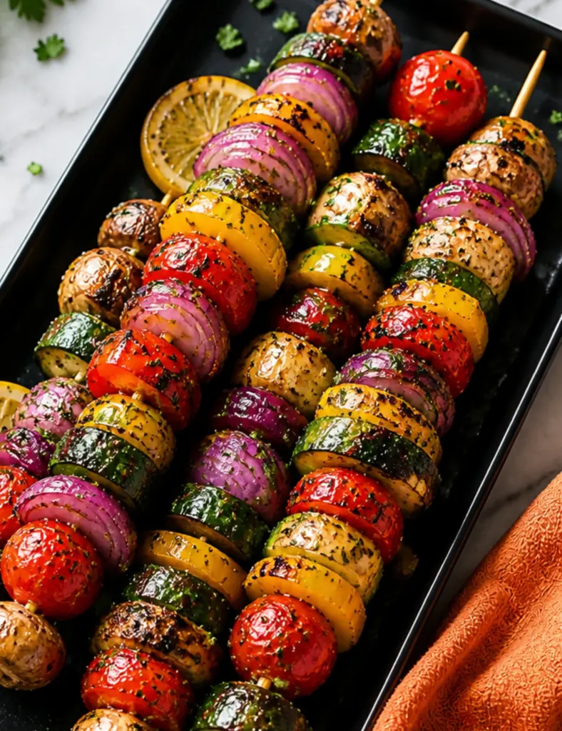 Close Up Grilled Veggie Skewers on Black Platter
