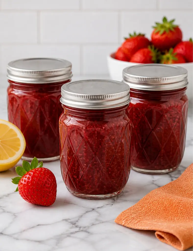 Low Sugar Strawberry Lemon Jam in glass jars on a marble countertop with fresh strawberries, lemon, and an orange kitchen towel.