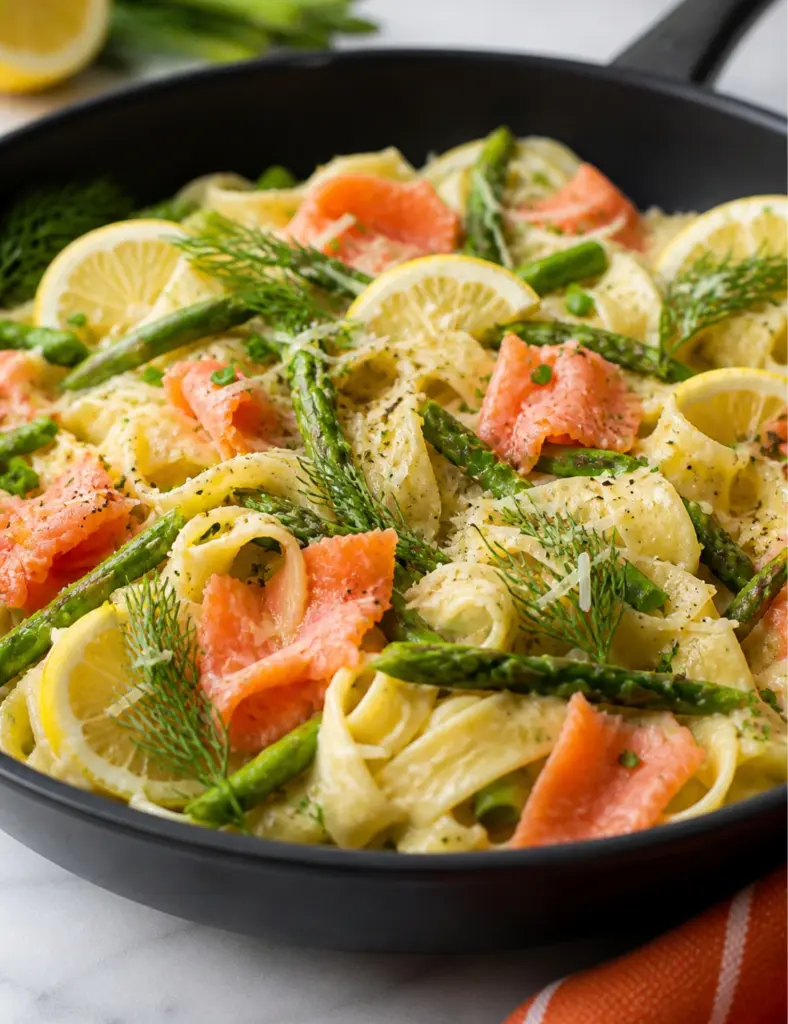 Close up of Smoked Salmon Pasta with creamy fettuccine, asparagus, lemon slices, dill, parmesan, and black pepper in a black skillet.