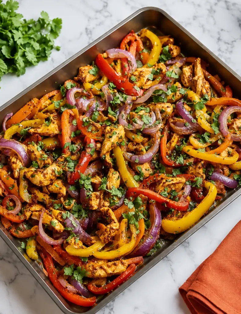 Overhead view of Sheet Pan Chicken Fajitas with seasoned chicken strips, red and yellow bell peppers, red onions, and fresh cilantro on a white marble countertop.