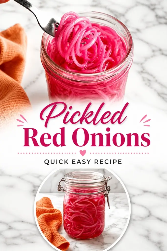 Pinterest style image for pickled red onions with a fork lifting pink onion slices from a glass jar on a white marble countertop.