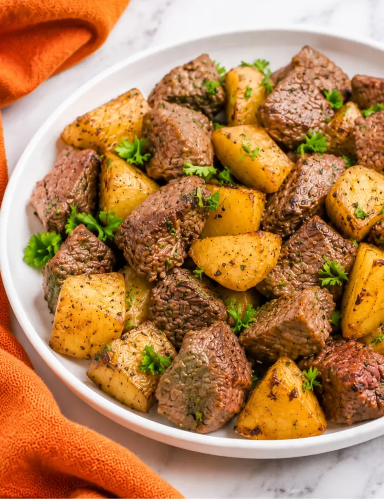 Blackstone Steak and Potatoes with juicy steak bites, crispy golden potatoes, fresh parsley, and garlic butter served in a white bowl on a marble countertop.