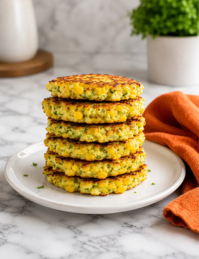 Stack of golden cheesy zucchini and corn fritters on a white plate with an orange kitchen towel on a marble countertop.