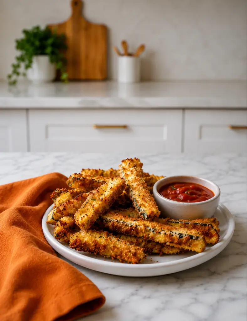 Air Fryer Zucchini Fries piled on a white plate with marinara sauce, orange kitchen towel, and a bright marble countertop.