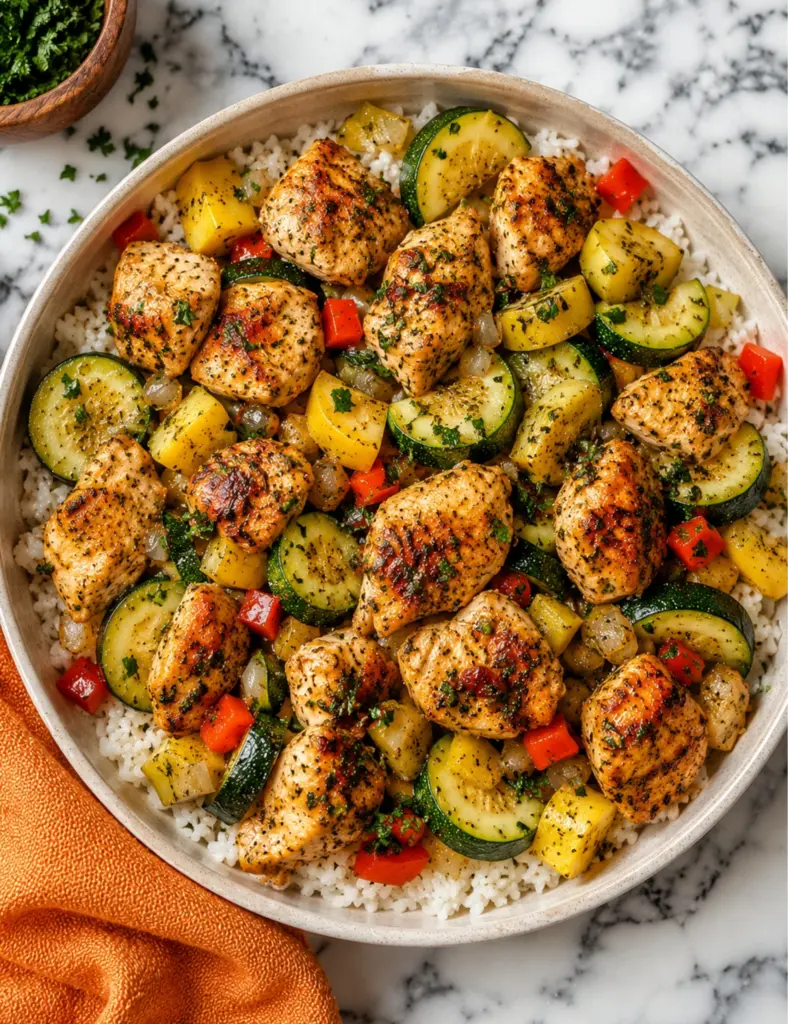 Baked Chicken and Zucchini with golden seasoned chicken pieces, sliced zucchini, yellow squash, red pepper, and rice in a serving bowl.