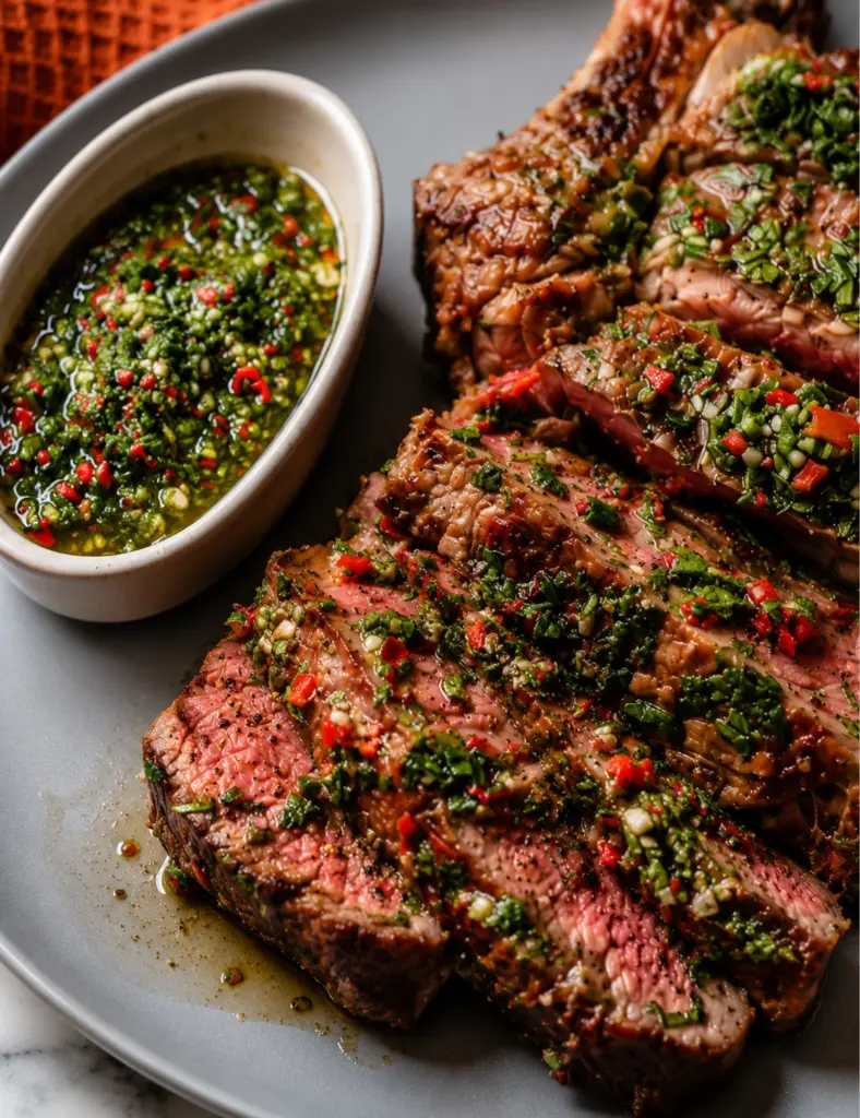 Close-up chimichurri steak sliced medium rare on a gray plate with fresh parsley garlic sauce, red chili, black pepper, and extra chimichurri in a small bowl.