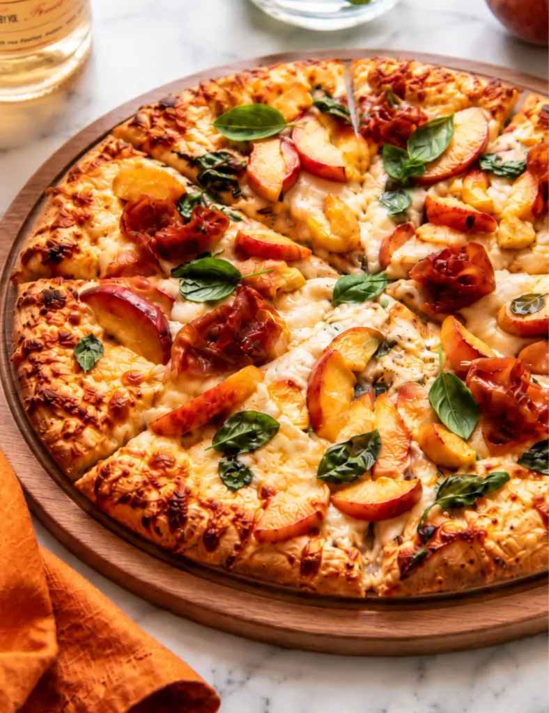 Prosciutto peach pizza topped with melted cheese, fresh basil, juicy peach slices, and crispy prosciutto on a wooden pizza board.
