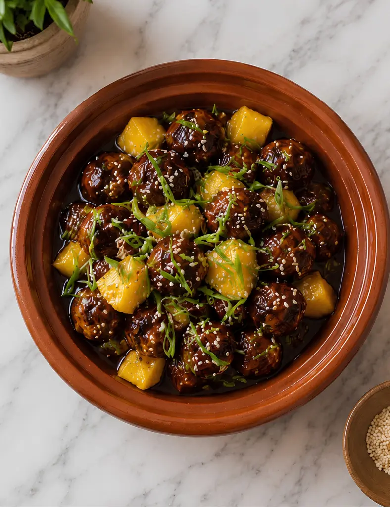 Overhead view of Slow Cooker Teriyaki Meatballs with pineapple chunks, sesame seeds and sliced green onions in a terracotta serving dish on white marble.