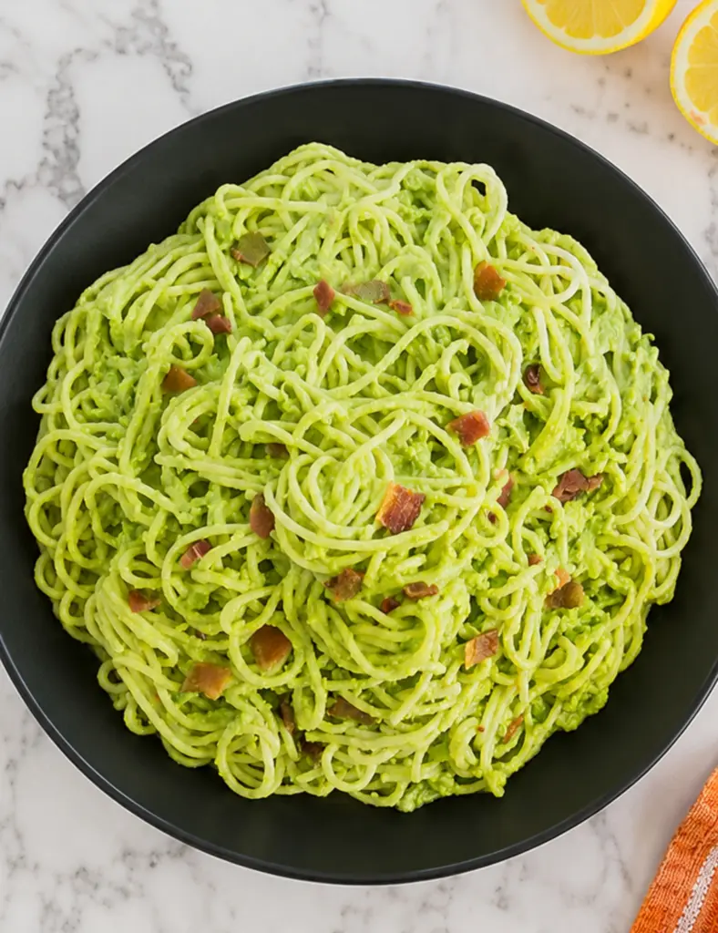 Overhead shot of creamy avocado pasta with crispy bacon in a black bowl on a white marble countertop