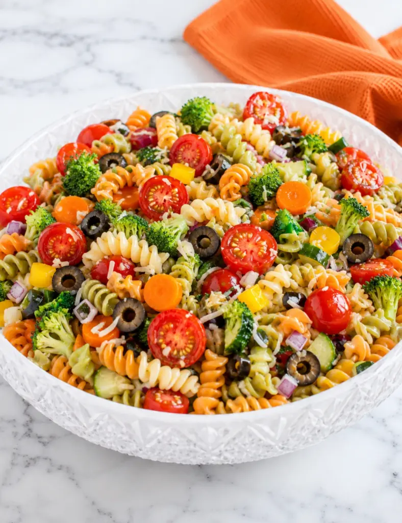 Close-up Pasta Salad with Veggies in a crystal bowl with tri-color rotini, cherry tomatoes, broccoli, black olives, carrots, cucumber, parmesan, and orange towel on marble countertop