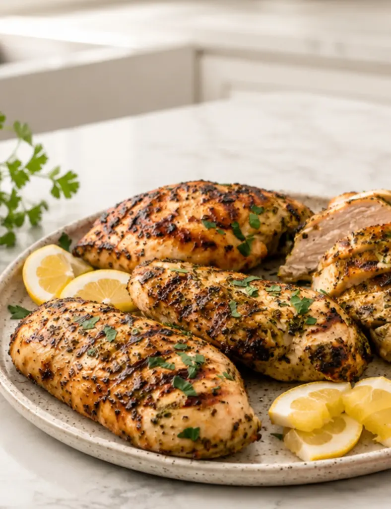 Lemon herb marinated grilled chicken breasts served on a white plate with lemon wedges, fresh parsley, and sliced chicken on a bright kitchen countertop.