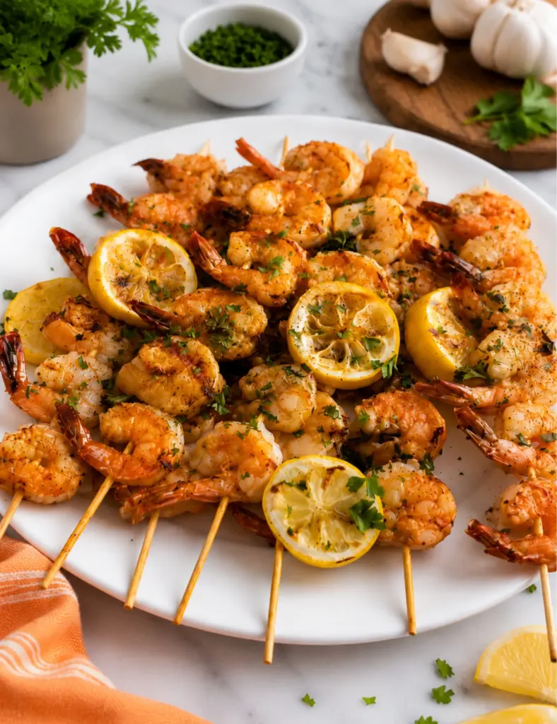 Garlic butter shrimp skewers on a white plate with grilled lemon slices, fresh parsley, and an orange towel on a marble countertop.