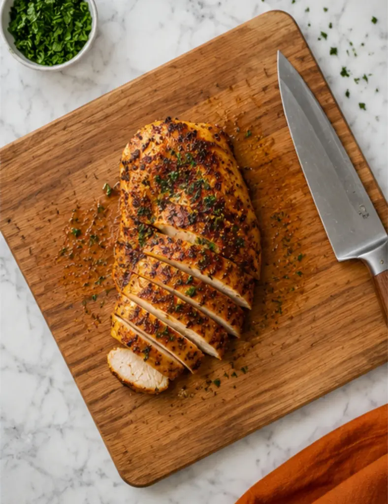 Sliced Slow Cooker Chicken Breast on a wooden cutting board with fresh herbs, cooking juices, and a knife on a white marble countertop.