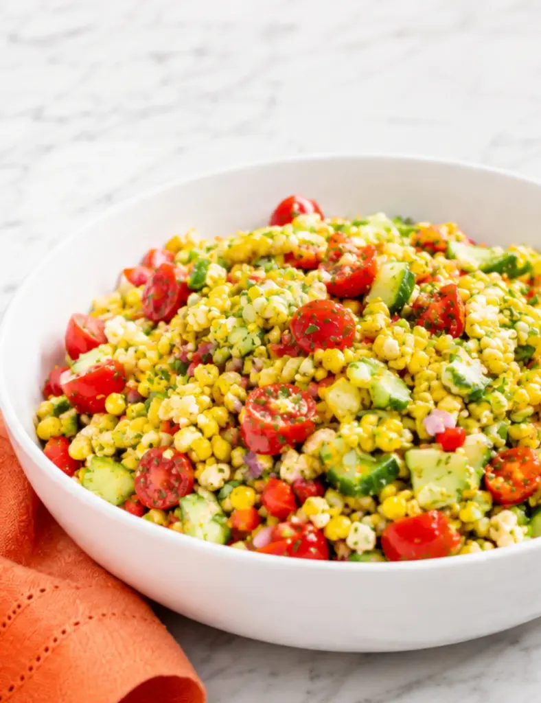 Close-up corn salad recipe in a white bowl with sweet corn, cherry tomatoes, cucumber, red bell pepper, herbs, and crumbled cheese on a marble countertop.