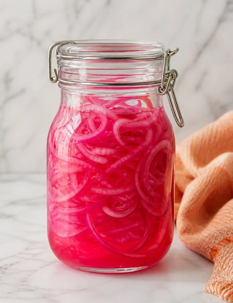 Close up of homemade pickled red onions in a sealed glass jar on a white marble countertop with an orange kitchen towel nearby.