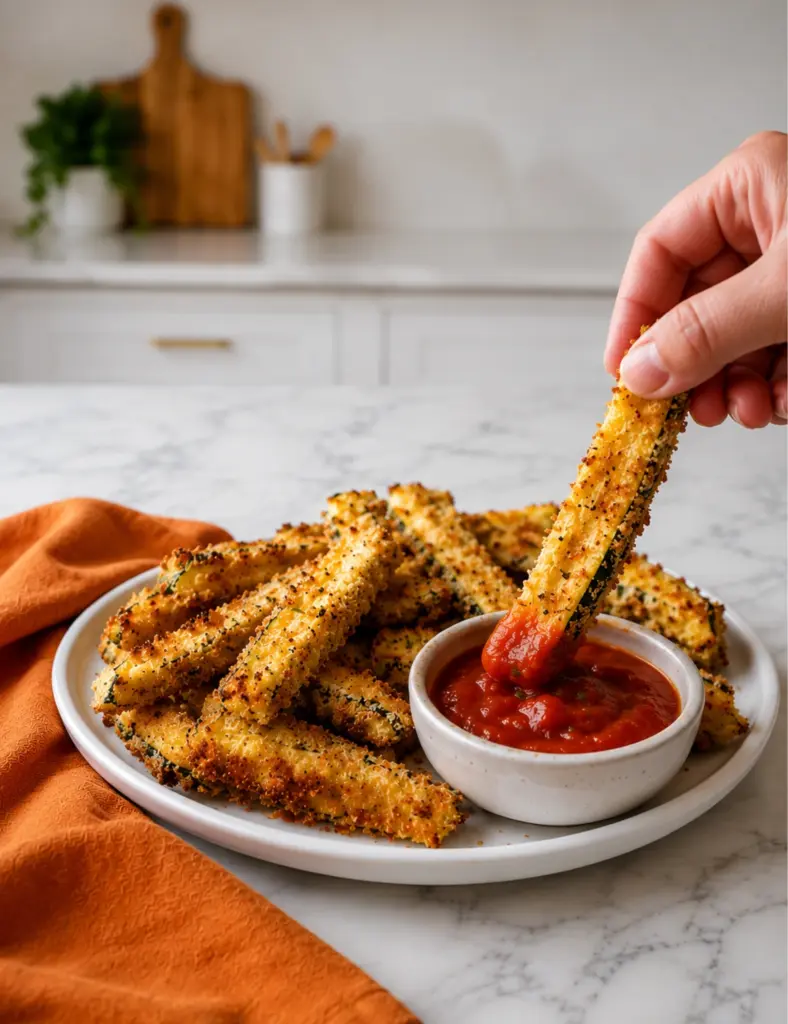 Hand dipping crispy Air Fryer Zucchini Fries into marinara sauce on a white plate with an orange towel on a marble countertop.
