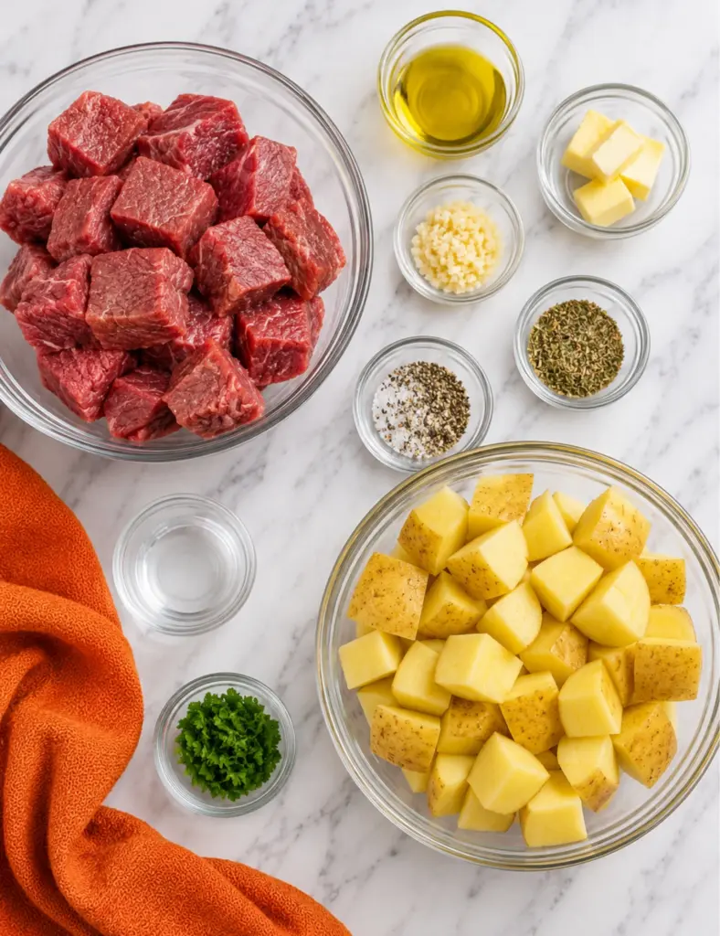 Blackstone Steak and Potatoes ingredients with sirloin steak cubes, diced Yukon gold potatoes, olive oil, butter, garlic, seasoning, water, and parsley in glass bowls.