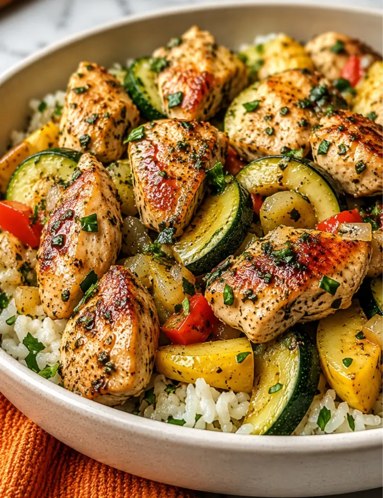 Close-up of baked chicken and zucchini with yellow squash, red pepper, herbs, and white rice in a serving bowl.