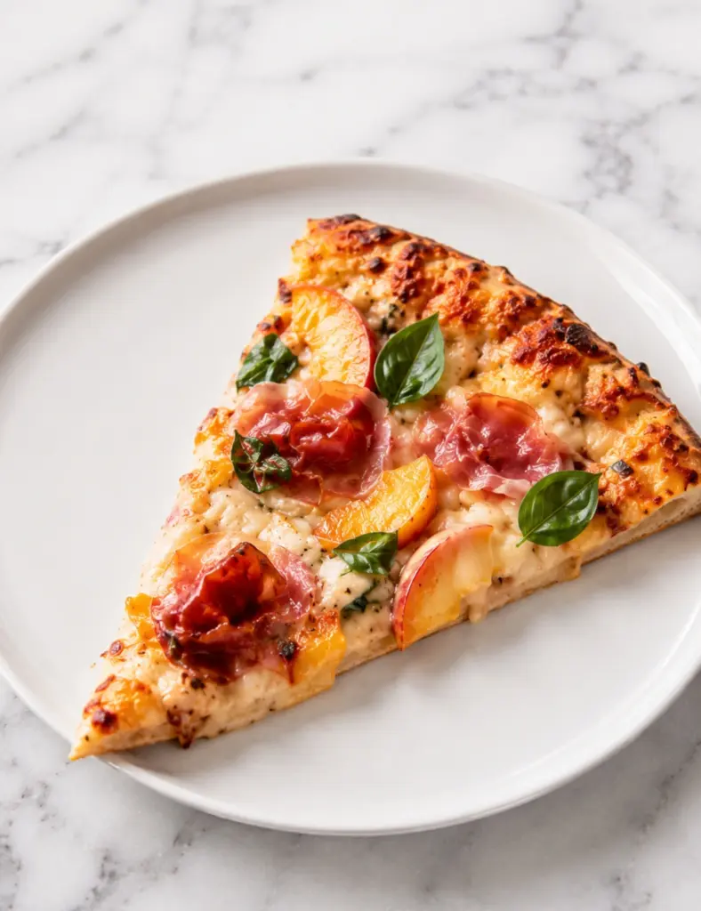 Slice of prosciutto peach pizza on a white plate with melted cheese, fresh basil, juicy peach slices, and golden crispy crust.