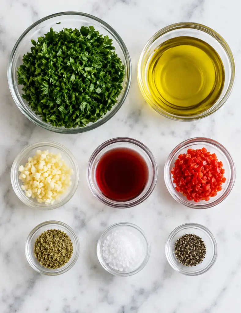 Chimichurri steak ingredients in glass bowls on a white marble countertop, including chopped parsley, olive oil, minced garlic, red wine vinegar, red chili, dried oregano, salt, and black pepper.