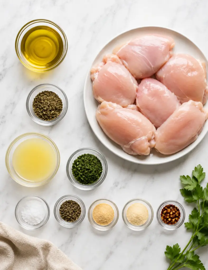 Lemon herb marinated grilled chicken ingredients with raw chicken breasts, olive oil, lemon juice, dried herbs, garlic powder, onion powder, salt, pepper, and red pepper flakes in glass bowls on a white marble countertop.