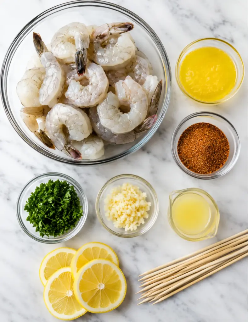 Ingredients for garlic butter shrimp skewers arranged in glass bowls, including raw shrimp, melted butter, Cajun seasoning, parsley, minced garlic, lemon juice, lemon slices, and wooden skewers on a white marble countertop.