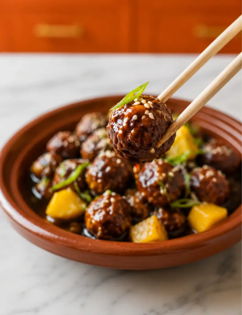 Slow Cooker Teriyaki Meatballs lifted with chopsticks over a terracotta dish with pineapple chunks, sesame seeds and green onions.
