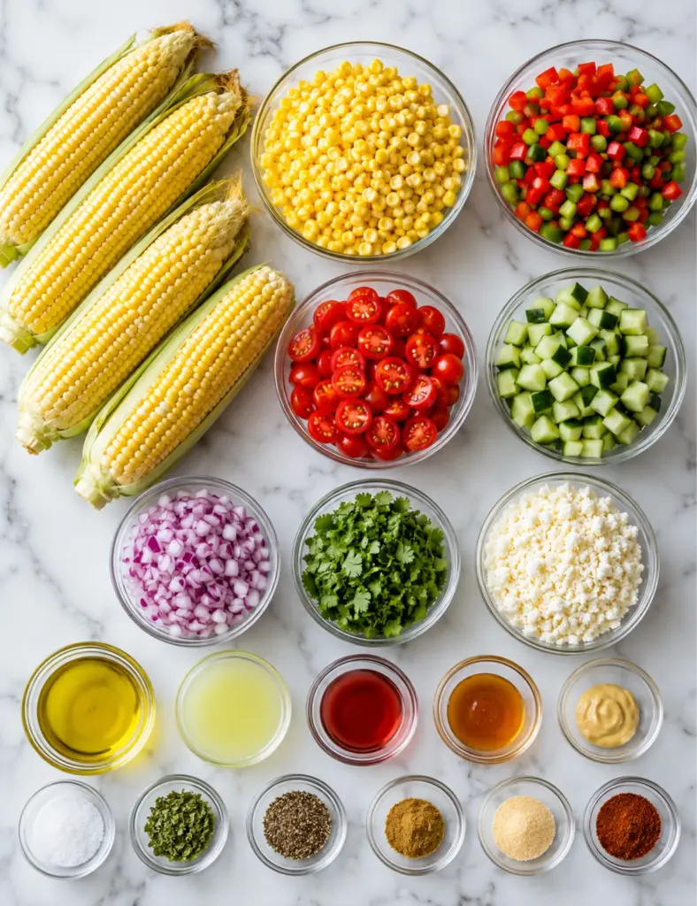 Corn salad recipe ingredients flat lay with fresh corn, cherry tomatoes, cucumber, bell peppers, red onion, cilantro, cotija cheese, oil, lime juice, vinegar, honey, mustard, and spices in glass bowls on a marble countertop.