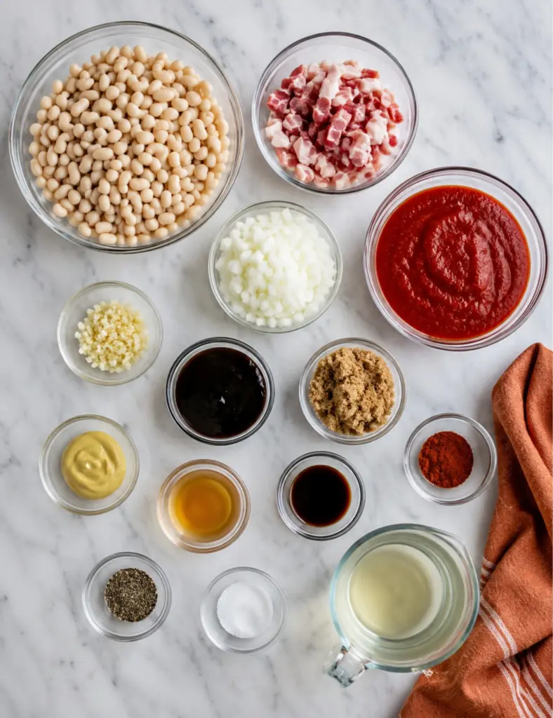 Overhead flat lay of baked beans ingredients in glass bowls, including white beans, bacon, tomato sauce, onion, garlic, mustard, molasses, spices, and broth on a marble countertop.