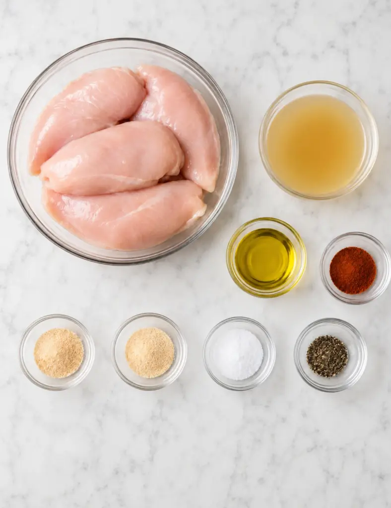 Slow Cooker Chicken Breast ingredients in glass bowls with raw chicken breasts, olive oil, chicken broth, paprika, garlic powder, onion powder, salt, and black pepper on a white marble countertop.