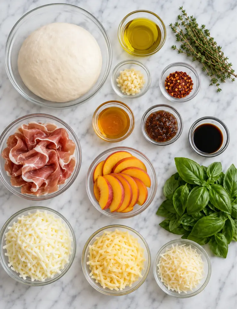 Prosciutto peach pizza ingredients arranged in glass bowls with pizza dough, prosciutto, sliced peaches, shredded cheese, basil, olive oil, honey, fig preserves, garlic, thyme, chili flakes, and balsamic vinegar on a white marble countertop.