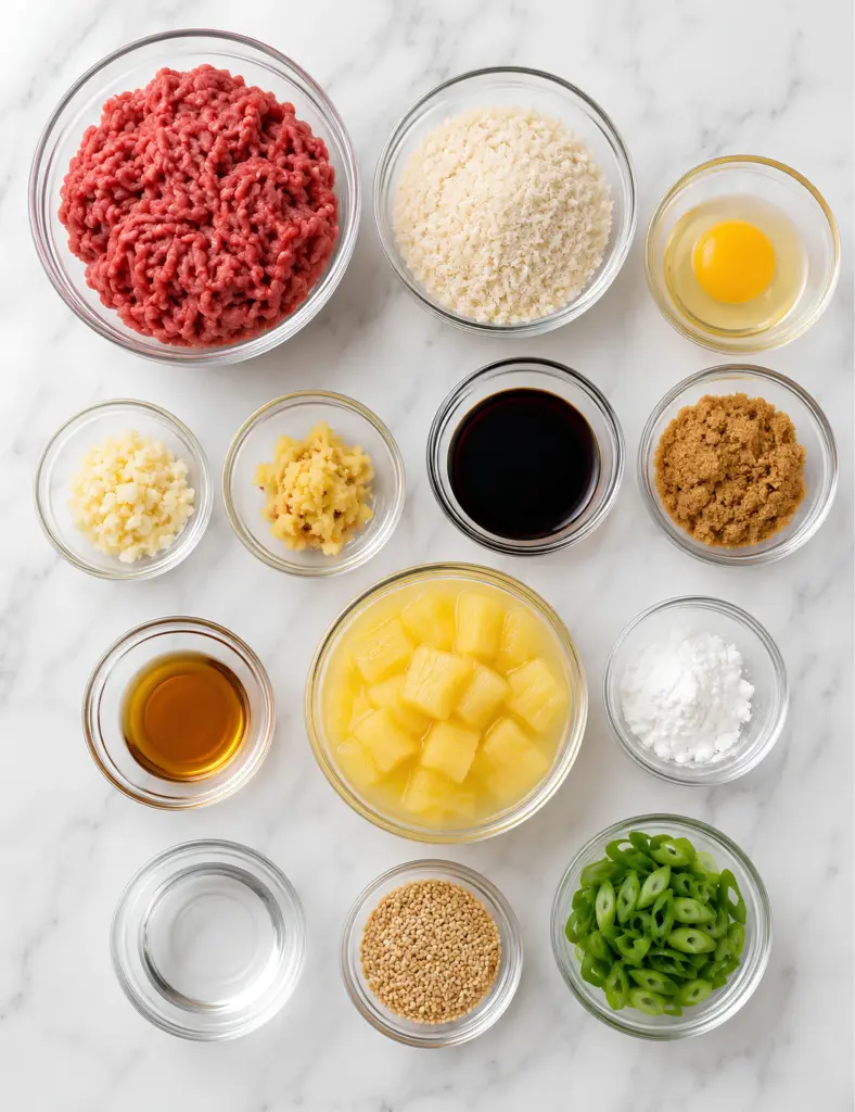 Slow Cooker Teriyaki Meatballs ingredients arranged in glass bowls with ground beef, pineapple, soy sauce, breadcrumbs, sesame seeds and green onions on white marble.