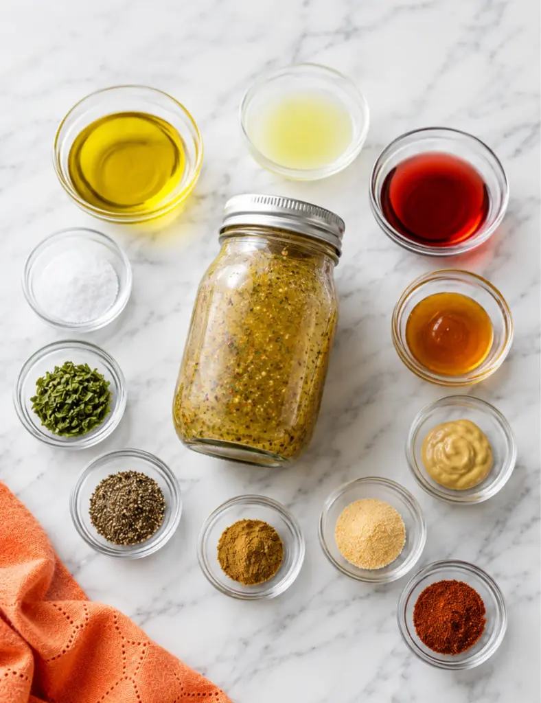 Corn salad recipe dressing ingredients with oil, lime juice, red wine vinegar, honey, Dijon mustard, salt, pepper, dried herbs, cumin, garlic powder, and chili powder in glass bowls around a sealed jar on a marble countertop.