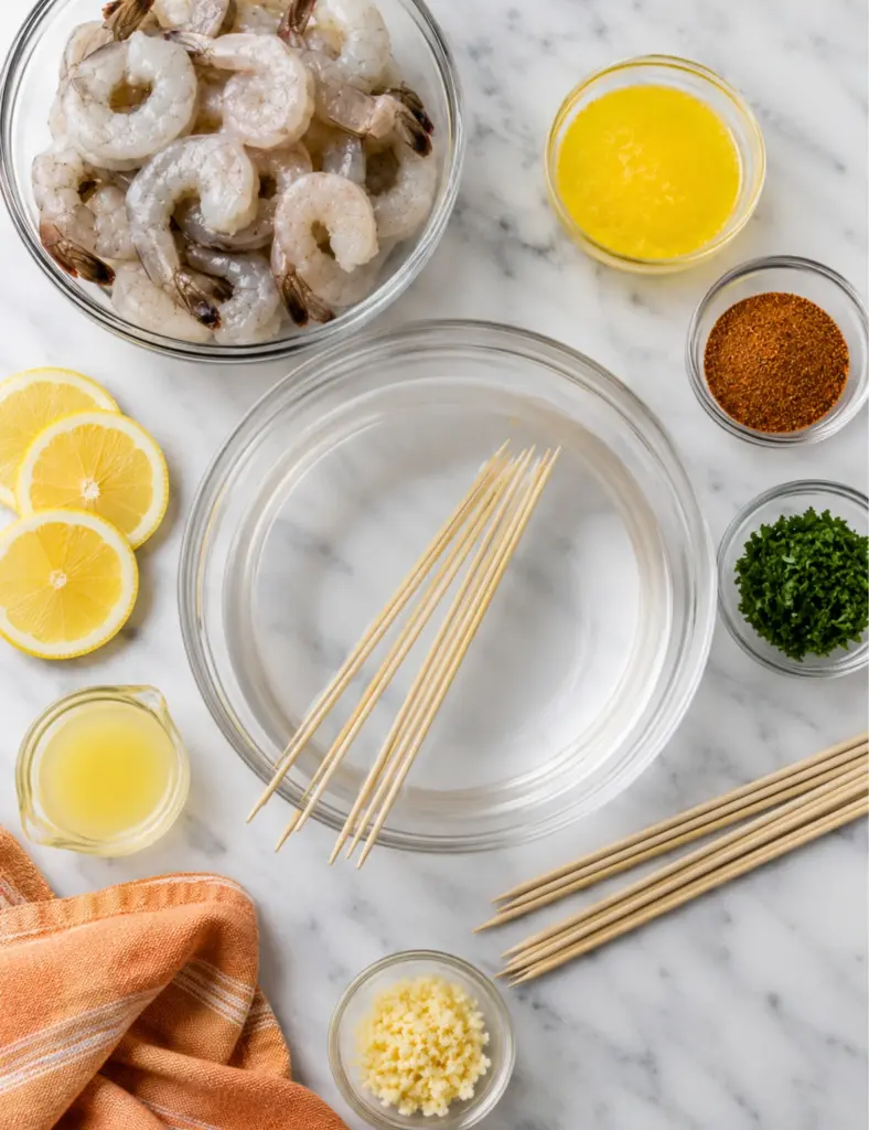 Wooden skewers soaking in a glass bowl with raw shrimp, melted butter, Cajun seasoning, parsley, minced garlic, lemon juice, and lemon slices on a white marble countertop.