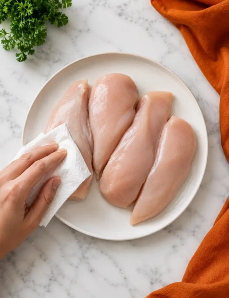 Raw chicken breasts being patted dry with a paper towel on a white plate for Slow Cooker Chicken Breast prep.