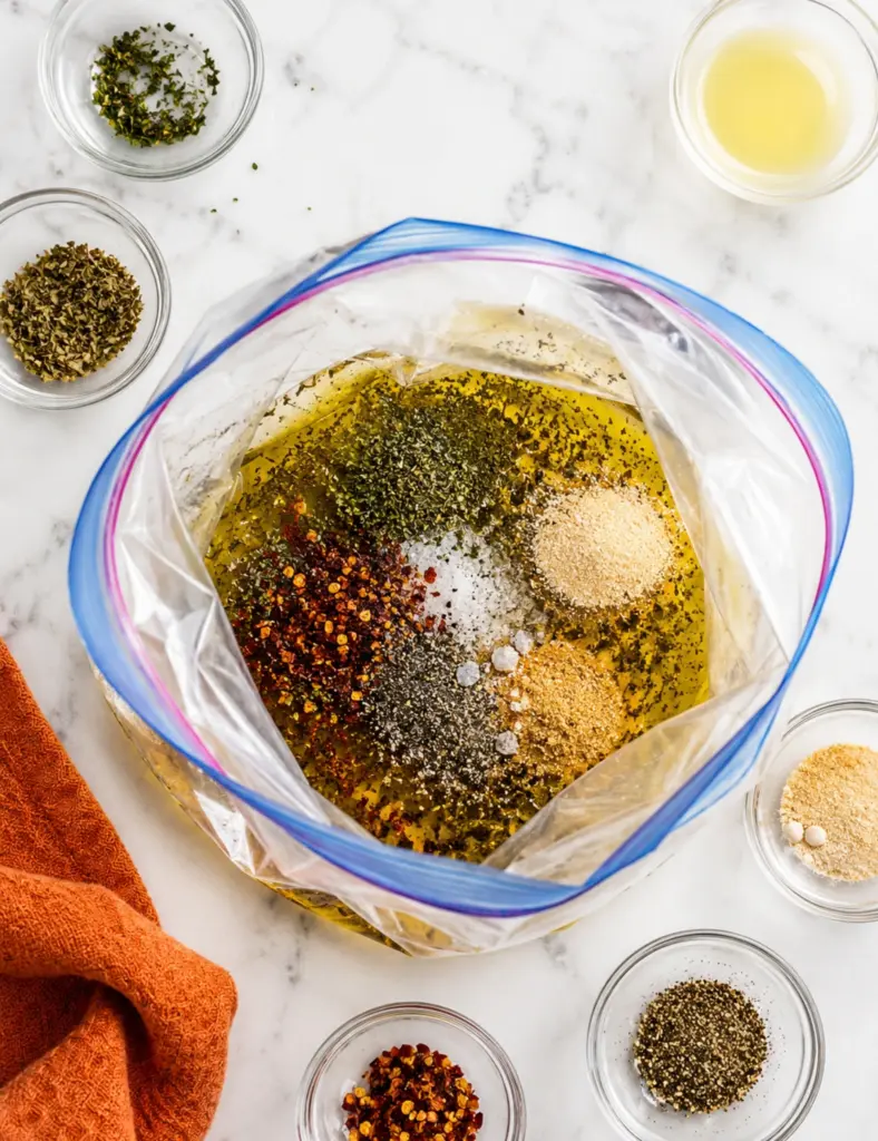 Lemon herb marinade for grilled chicken made with olive oil, lemon juice, dried herbs, garlic powder, onion powder, salt, black pepper, and red pepper flakes in a zip-top bag on a white marble countertop.