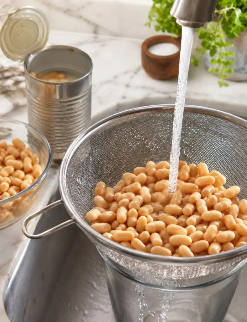 White beans being rinsed under cold water in a mesh strainer for a homemade baked beans recipe.