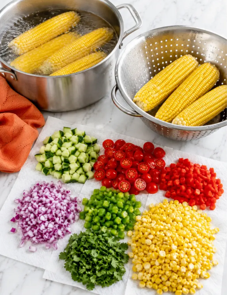 Corn salad recipe prep with boiled corn, fresh kernels, cherry tomatoes, cucumber, red and green bell peppers, red onion, and cilantro on a marble countertop.