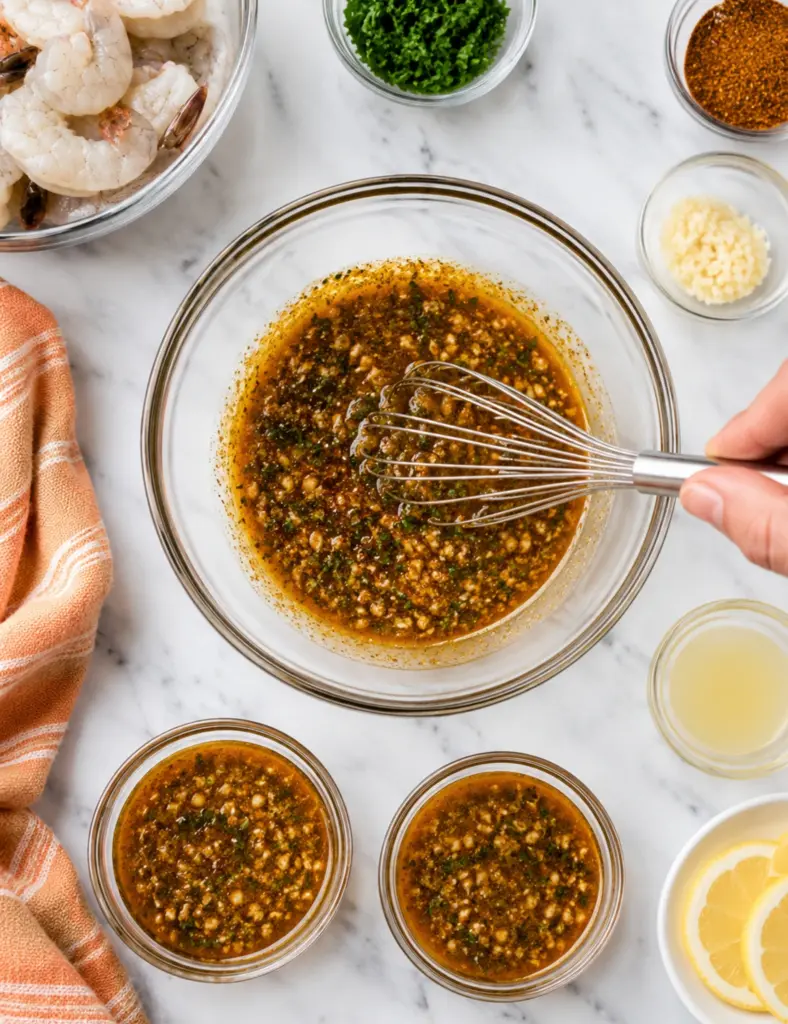 Cajun garlic butter sauce being whisked in a glass bowl with parsley, minced garlic, lemon juice, and seasoning for garlic butter shrimp skewers.
