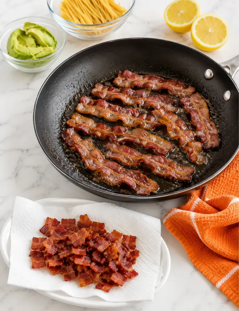 Crispy bacon cooking in a black skillet for avocado pasta with chopped bacon, avocado, spaghetti, lemon, and orange towel on a white marble countertop