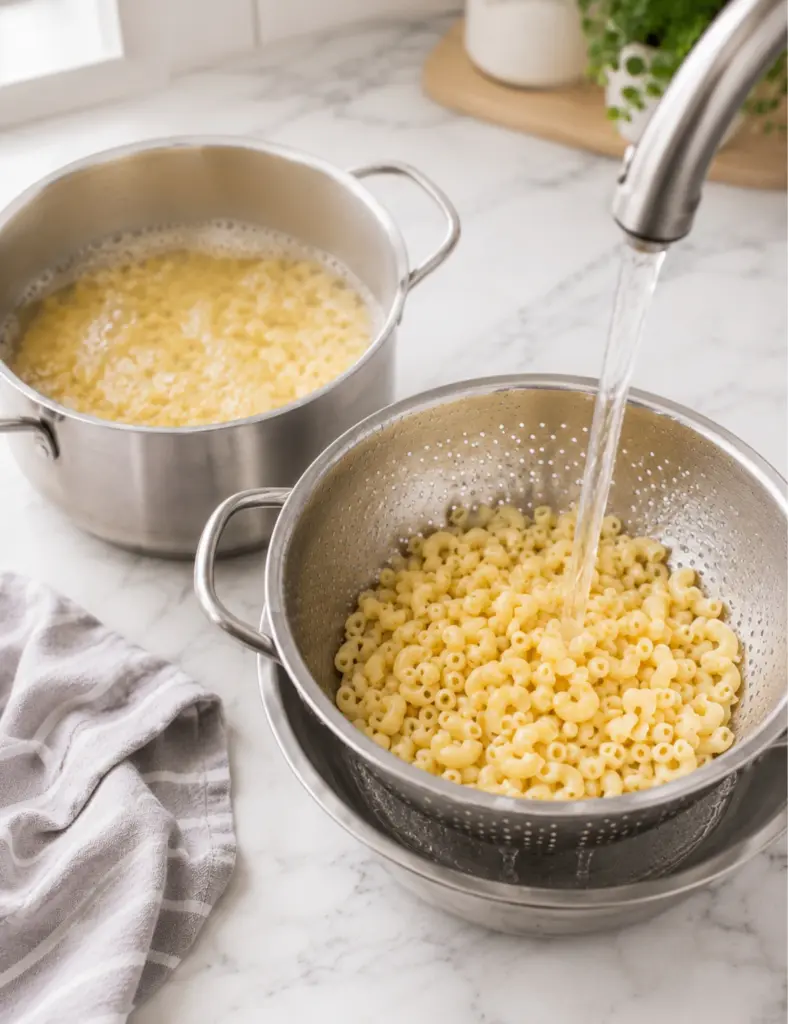 Cooked elbow macaroni being rinsed under cold water in a metal colander with a pot of pasta on a marble kitchen countertop.