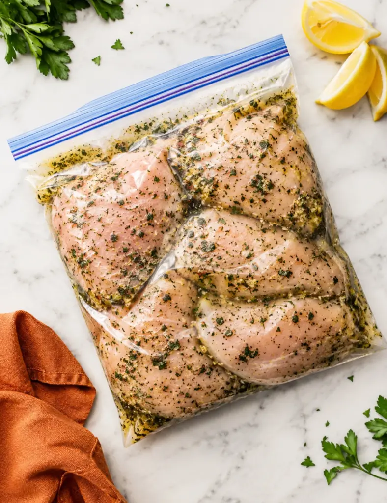 Raw chicken breasts marinating in a zip-top bag with lemon herb marinade, fresh parsley, lemon wedges, and an orange kitchen towel on a white marble countertop.