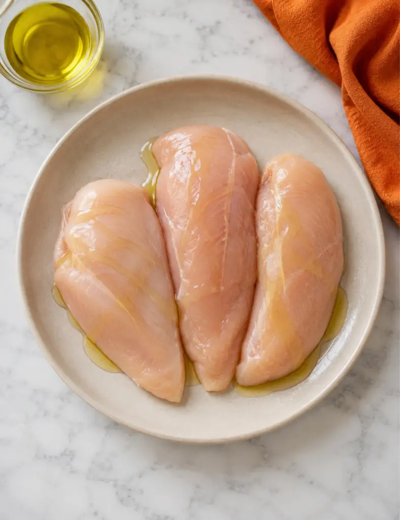 Raw chicken breasts coated with olive oil in a ceramic bowl on a white marble countertop for Slow Cooker Chicken Breast prep.