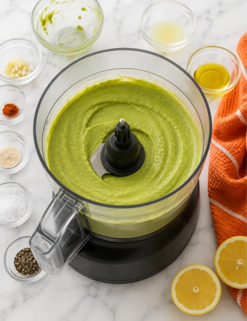 Creamy avocado pasta sauce blended in a food processor with lemon juice, olive oil, garlic, spices, and fresh lemon on a white marble countertop