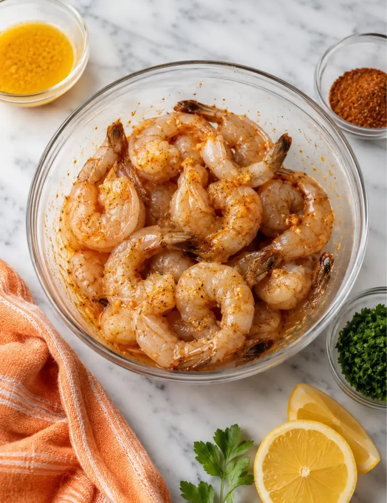 Raw shrimp coated in Cajun garlic butter sauce in a glass bowl with lemon slices, parsley, melted butter, and Cajun seasoning on a white marble countertop.