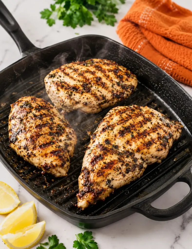 Lemon herb marinated grilled chicken breasts cooking in a black grill pan with golden grill marks, fresh parsley, lemon wedges, and an orange kitchen towel on a marble countertop.