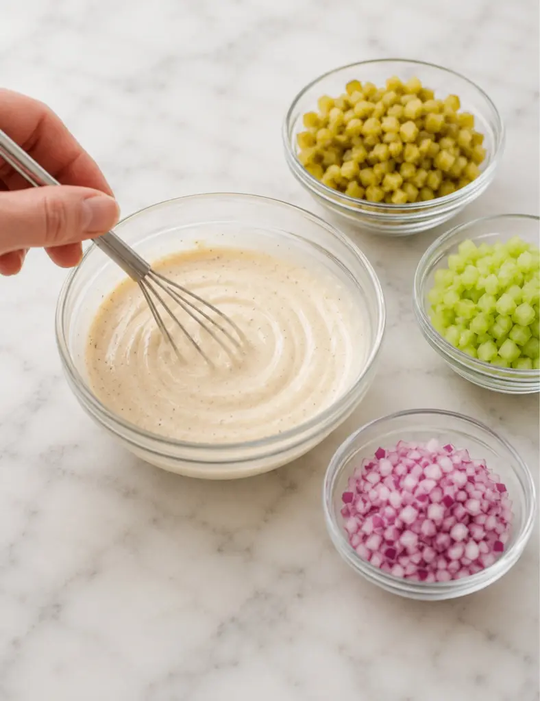 Creamy macaroni salad dressing being whisked in a glass bowl with chopped pickles, celery, and red onion in small bowls on a marble countertop.